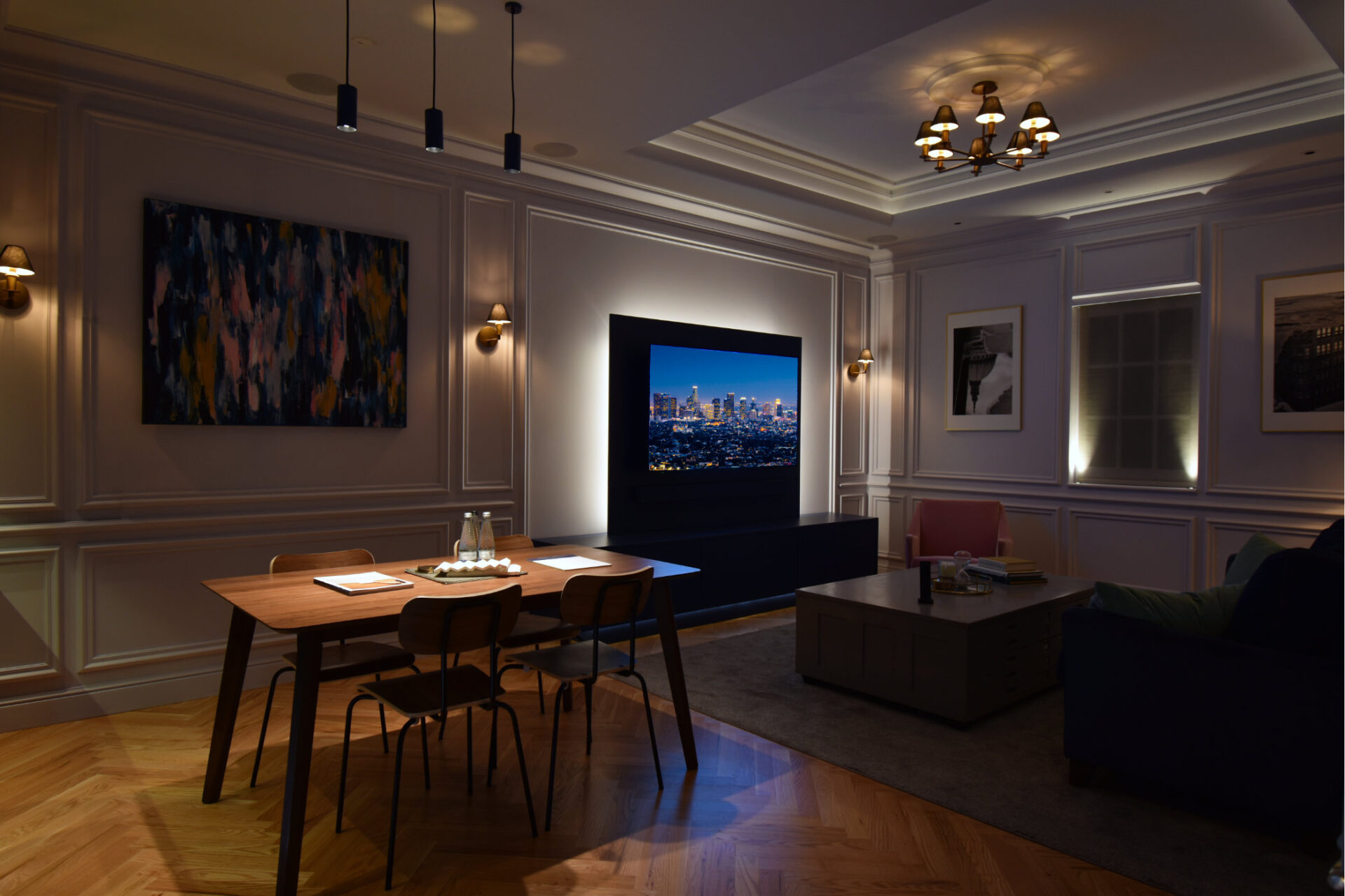A completed Creative Home Cinema installation with integrated lighting and television
